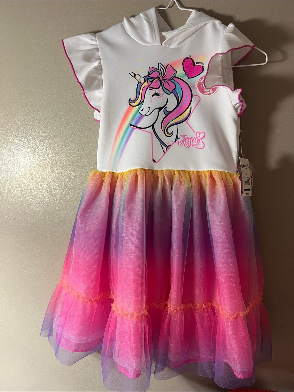Nickelodeon White Hooded Unicorn Dress with Pink, Purple and Yellow Tulle Skirt
